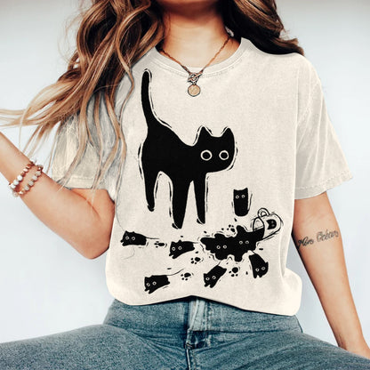 Women's Abstract Creative Cute Black Cat Art Print T-shirt elevenforest