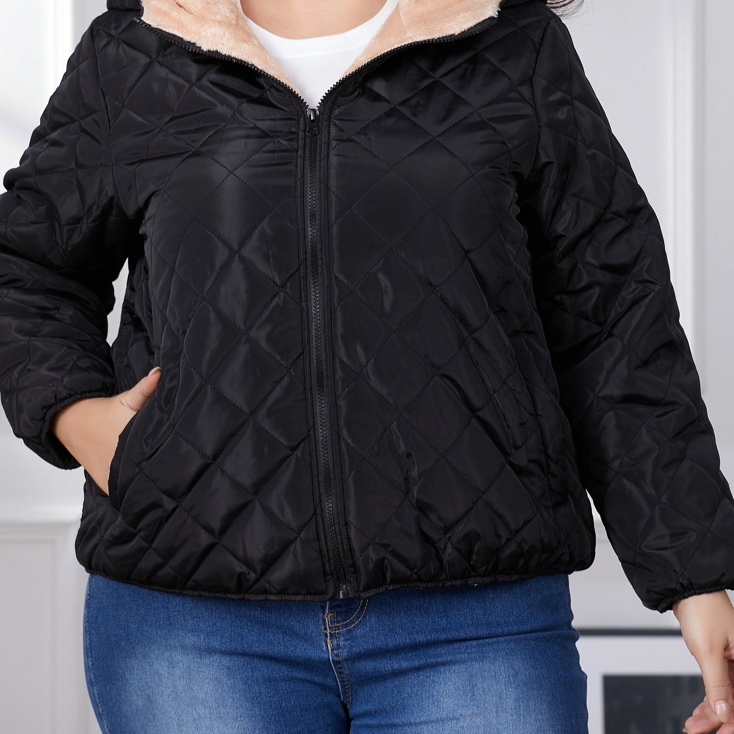 EP | Plus taille couleur bloc veste matelassée avec capuche