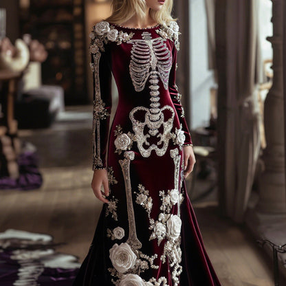 Comstylish Women's Halloween Dark Gothic Rose Skeleton Velvet Round Neck Maxi Dress