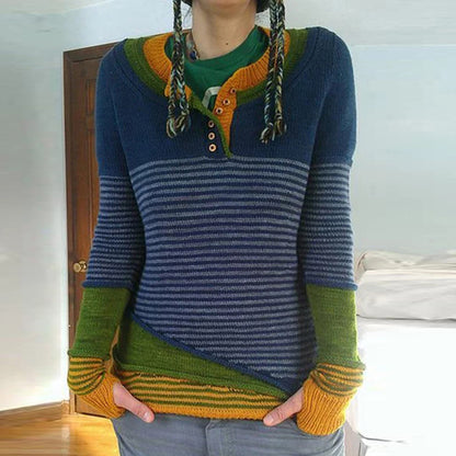 Vintage Striped Colorblock Single Breasted Sweater elevenforest