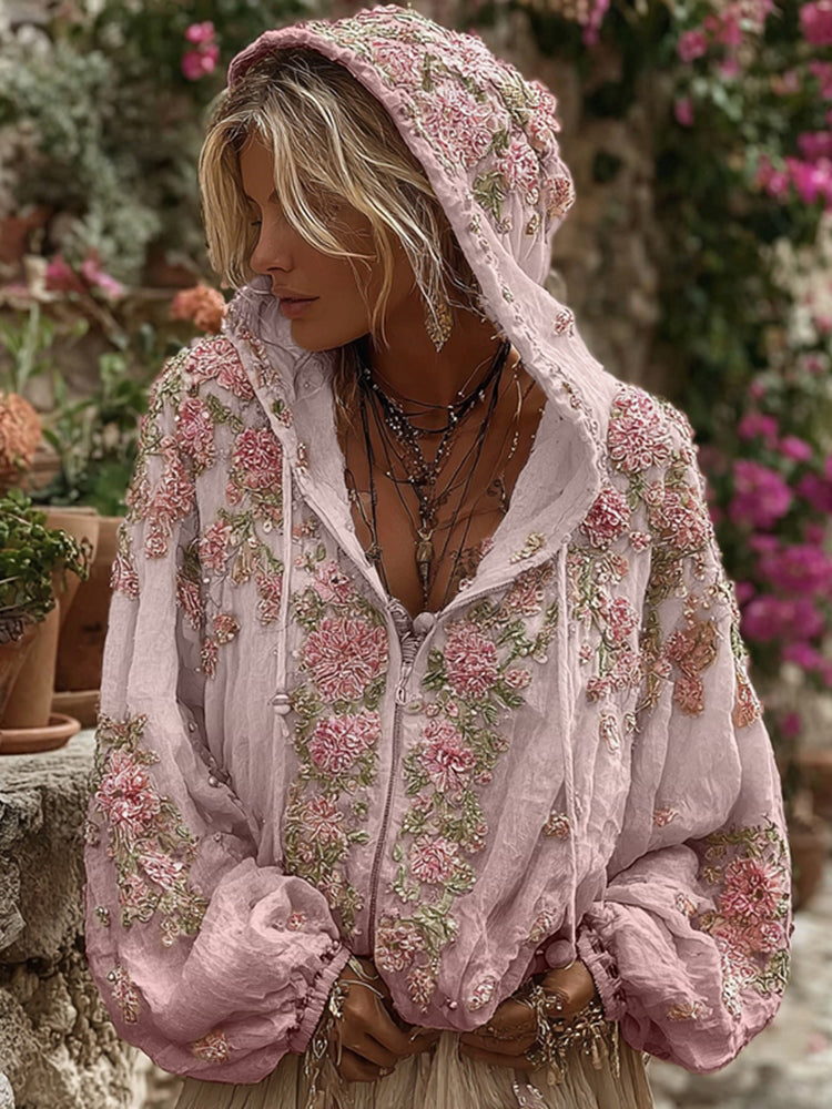 Comstylish Bohemian Style Pink Rose Vintage Zip-up Hoodie