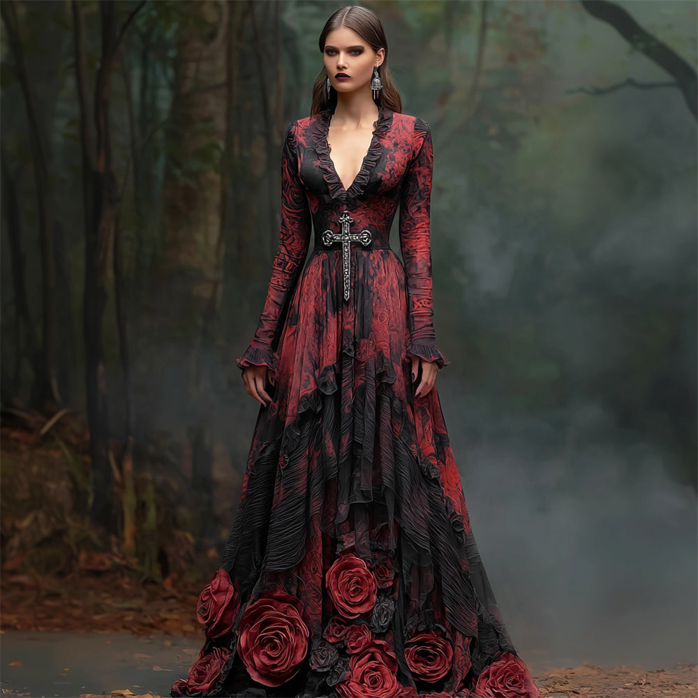 Comstylish Halloween Ash Rose & Cross Women's V-neck Flowing Maxi Dress