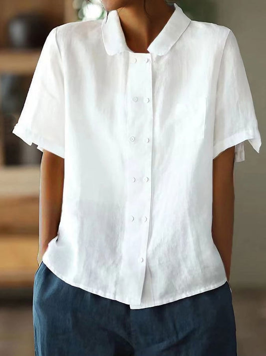 Women's Casual Cotton And Linen Double-breasted Short-sleeved Shirt