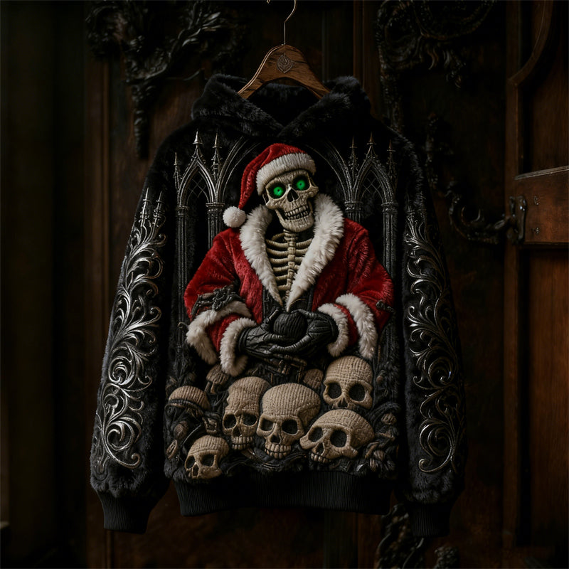Comstylish Gothic Dark Christmas Skeleton Santa Claus Skulls Cozy Plush Hoodie