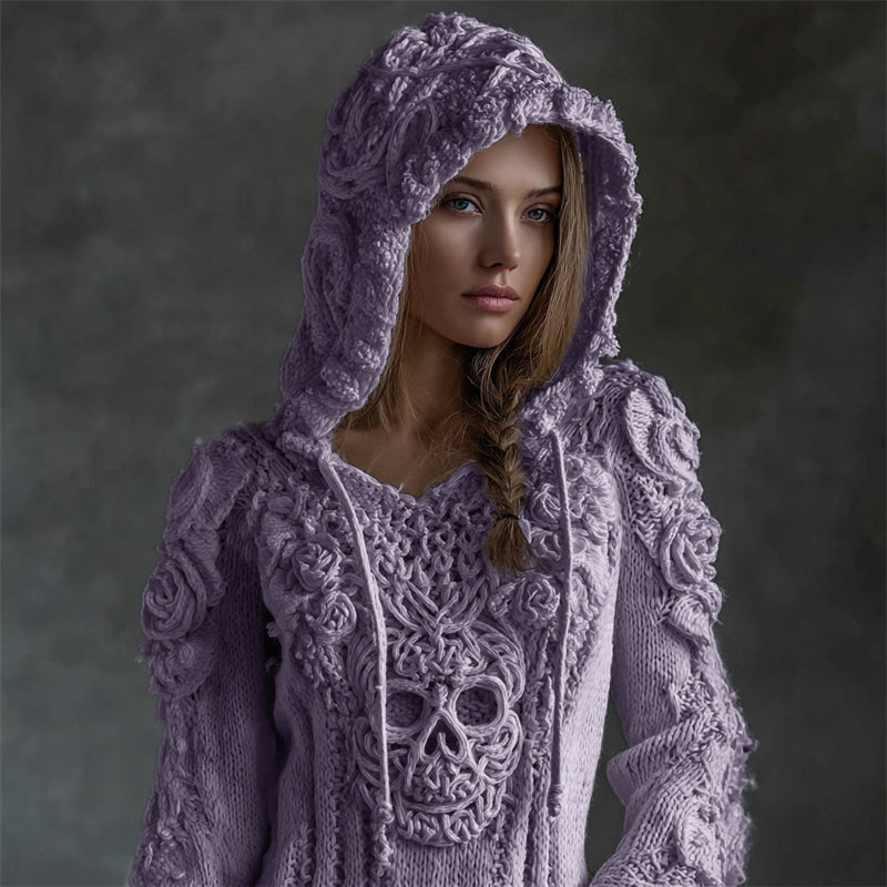 Vintage White Roses Viking Celtic Skull Hooded Cozy Knit Sweater artswardrobe