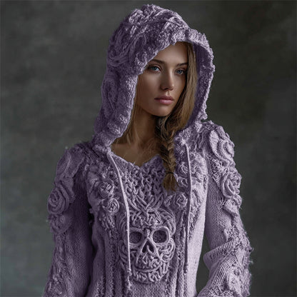 Vintage White Roses Viking Celtic Skull Hooded Cozy Knit Sweater elevenforest