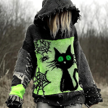 Halloween Scared Black Cat Patchwork Stitched Cozy Knit Hooded artswardrobe
