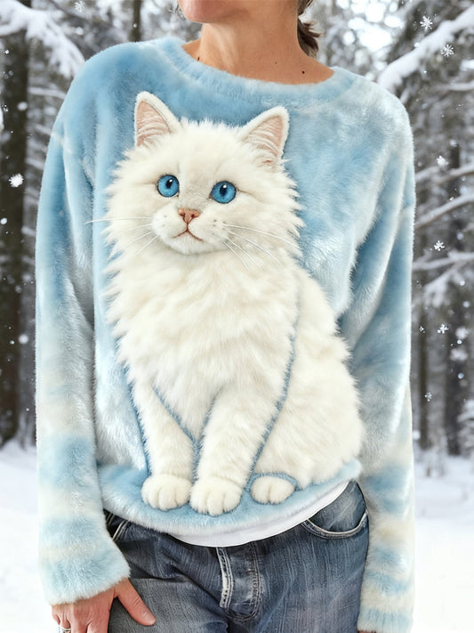 Cute Snowy Cat Embroidered Cozy Plush Sweatshirt elevenforest