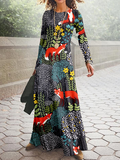 Fox in the Forest Graphic Vintage Cozy Maxi Dress artswardrobe