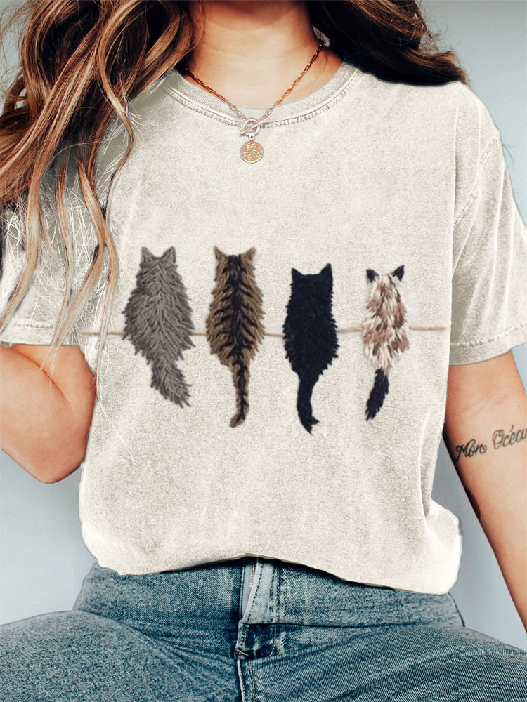Cats Back View Embroidered Vintage Washed T Shirt elevenforest
