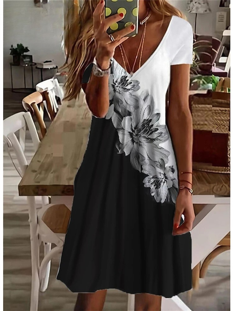 SL | Women's Sundress Robe midi manches courtes Imprimé floral été décontracté V cou lâche robes Plus Taille 2024 Vêtements féminins Vestidos