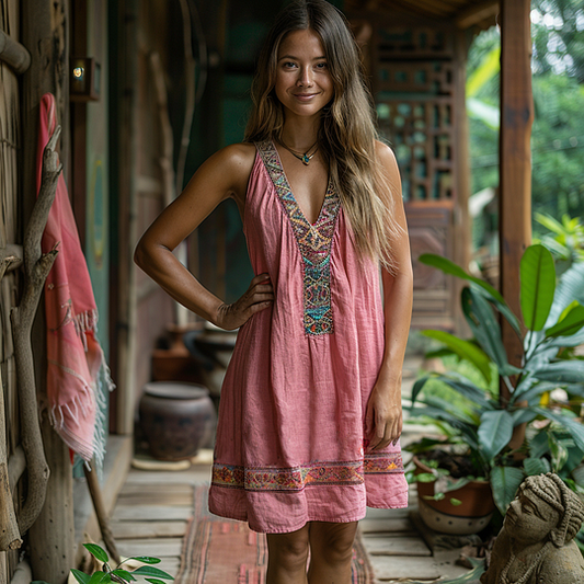 Retro Boho Tribal Art Embroidery Print Cotton And Linen V-neck Sleeveless Midi Dress artswardrobe