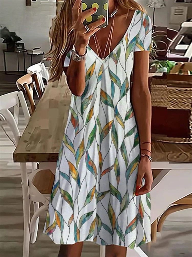 SL | Women's Sundress Robe midi manches courtes Imprimé floral été décontracté V cou lâche robes Plus Taille 2024 Vêtements féminins Vestidos