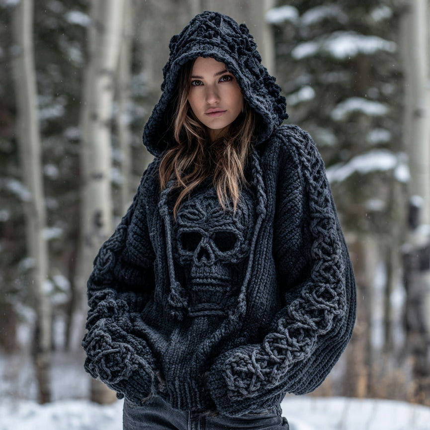 Women' Vintage Viking Tribal Celtic Skull Art Chunky Knit Hooded Sweater artswardrobe