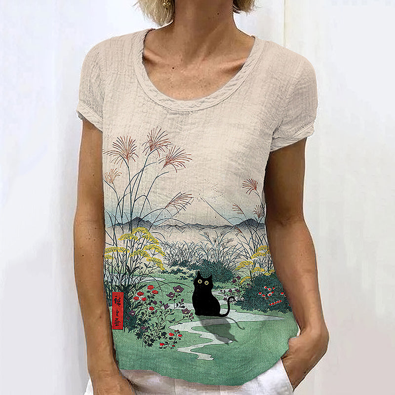 Women'S Flowers & Black Cat Short Sleeve Casual Shirt elevenforest