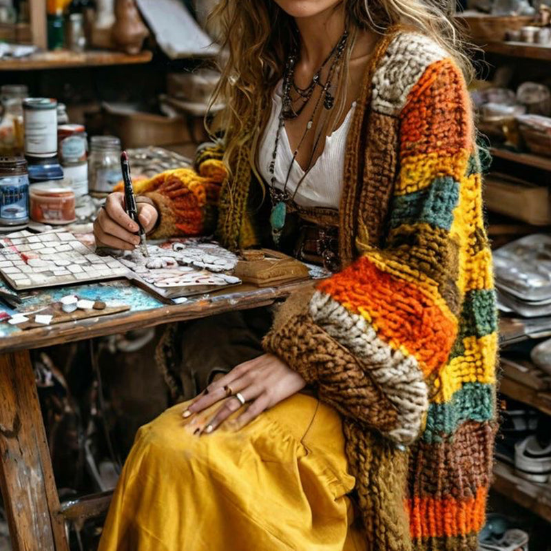 Cardigan en coton orange, bleu pétrole et jaune