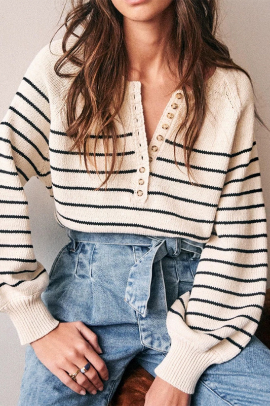 Brielle® | Casual striped buckle woven contrast O-neck sweaters