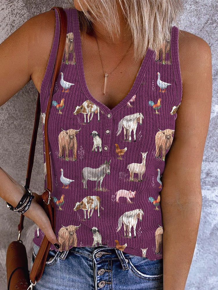 Farm Animals Print Casual Button Up Tank Top artswardrobe