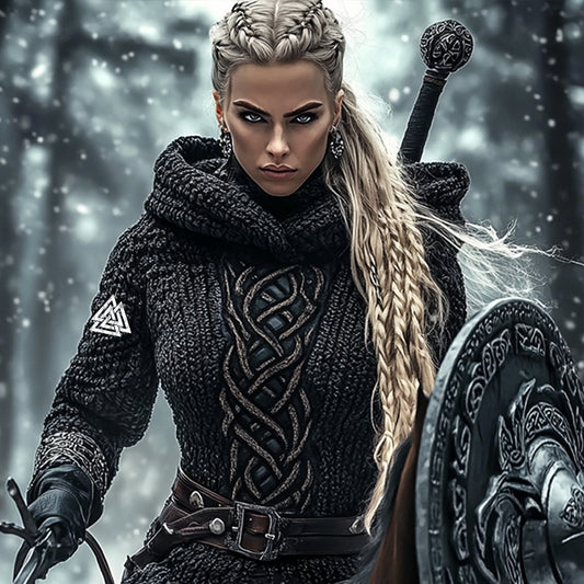 Women's Viking Warrior Jacquard Celtic Knit Hoodie artswardrobe