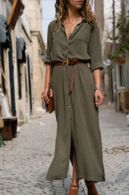 SL | Robe chemisier décontractée avec col rabattu et patchwork uni