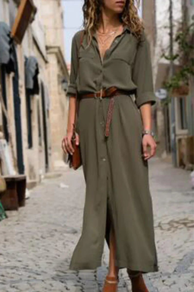 SL | Robe chemisier décontractée avec col rabattu et patchwork uni