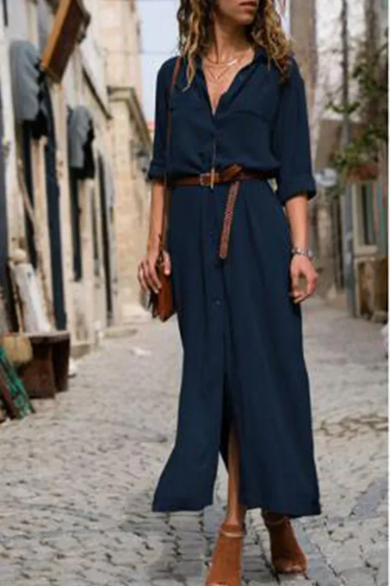 SL | Robe chemisier décontractée avec col rabattu et patchwork uni