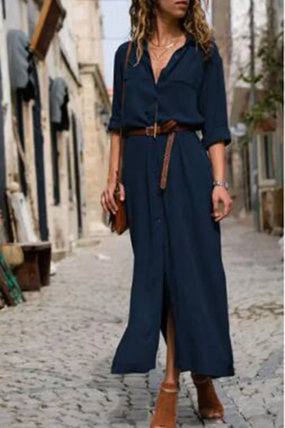 SL | Robe chemisier décontractée avec col rabattu et patchwork uni
