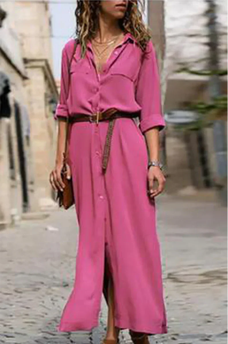 SL | Robe chemisier décontractée avec col rabattu et patchwork uni
