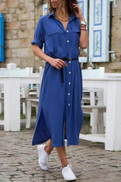 SL | Robe chemisier décontractée avec col rabattu et patchwork uni