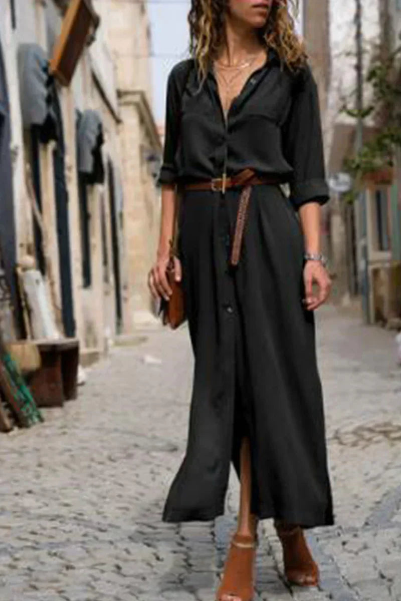 SL | Robe chemisier décontractée avec col rabattu et patchwork uni