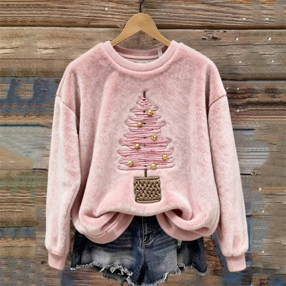 Comstylish Pink Christmas Tree Embroidered Cozy Plush Sweatshirt