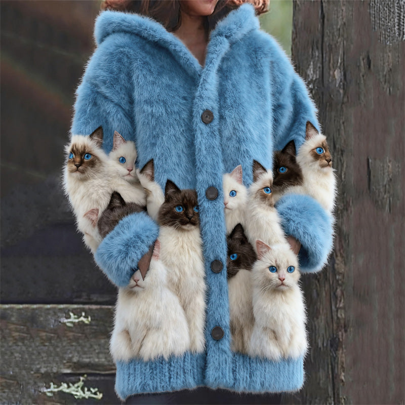 Cardigan en laine à imprimé de chats noir et blanc