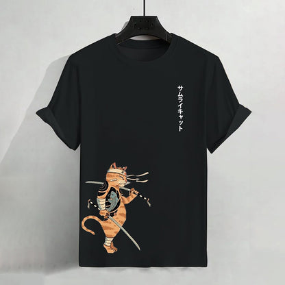 Men's Japanese Samurai Cat Art Print Casual T-Shirt elevenforest