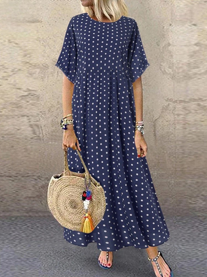 SL | Polka Dot Femme Midi Robe Bohème Vacances Manches Courtes Décolleté O Longue Robe Vintage Décontractée A-Line Vestidos Été