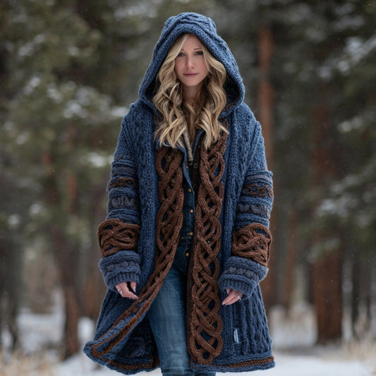 Women's Vintage Viking Celtic Knot Art Warm Knit Hooded Jacket artswardrobe
