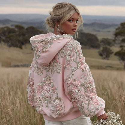 Comstylish Women's Pink Flower Embroidery Art Long Sleeve Hoodie