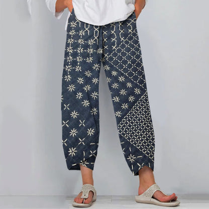 Comstylish Japanese Traditional Sashiko In Floral Patchwork Art Pattern Art Cropped Casual Pants