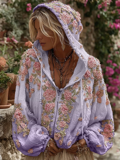 Comstylish Bohemian Style Pink Rose Vintage Zip-up Hoodie