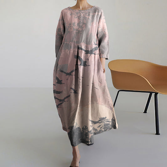 Comstylish Vintage Japanese Art Flying Bird and Landscape Print Midi Dress