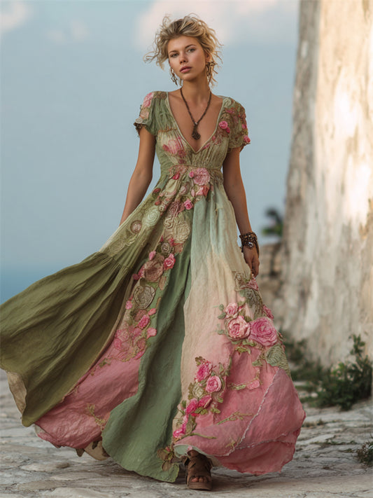 Vintage Pink Roses Gradient Patchwork Flowy Linen Maxi Dress artswardrobe