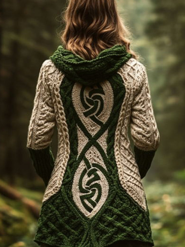 Women's Celtic Knot Contrast Color Cozy Knit Hooded Cardigan artswardrobe