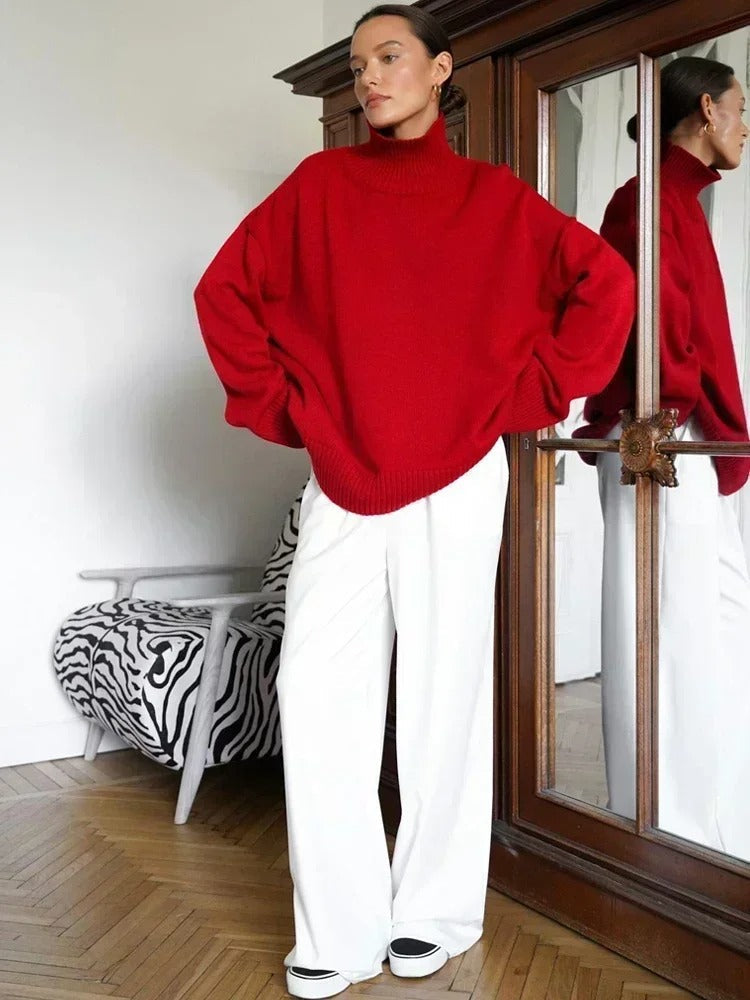 Pull surdimensionné à col roulé en coton, épaules tombantes, coloris brun chocolat