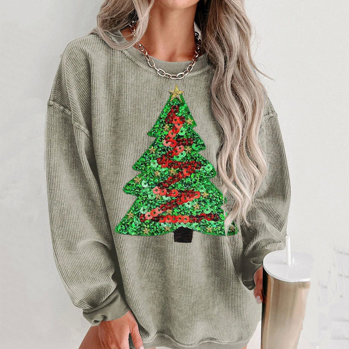 Comstylish Sequin Christmas Tree Print Crew Neck Sweatshirt