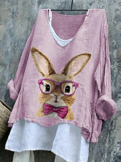 Comstylish Women's Cute Rabbit Embroidery Pattern Comfortable Linen Shirt