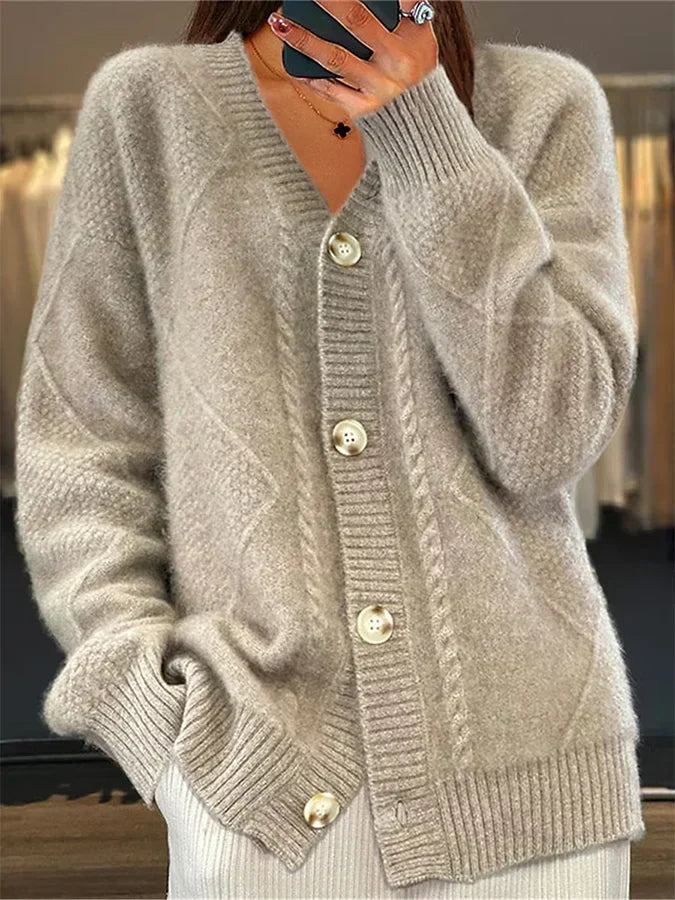 Cardigan mélange cachemire à bordure torsadée délicate et boutonnage