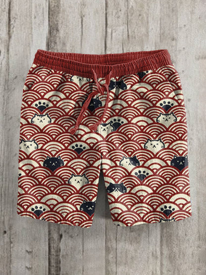 Japanese Waves And Cats Pattern Linen Blend Casual Shorts elevenforest