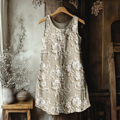 Vintage Floral Lace Embroidered Linen Blend Tank Dress artswardrobe