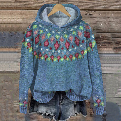 Fairman Island Geometric Contrast Print Button Knit Hoodie elevenforest