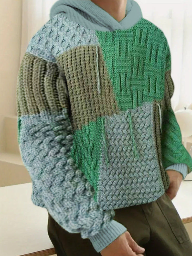 Fringed Knit Pattern Patchwork Men's Hooded Sweater artswardrobe