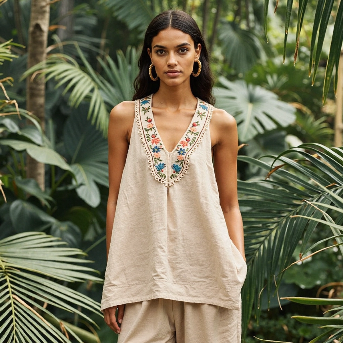 Women's Ethnic Floral Embroidery Art Linen Sleeveless Tank Top artswardrobe